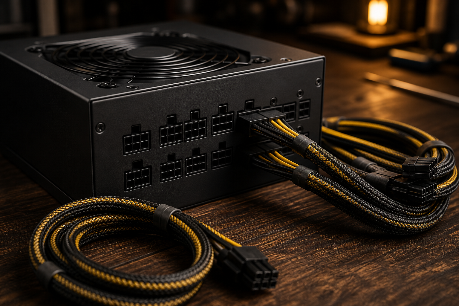 Alimentation PC modulaire avec câbles tressés noir et jaune sur un établi