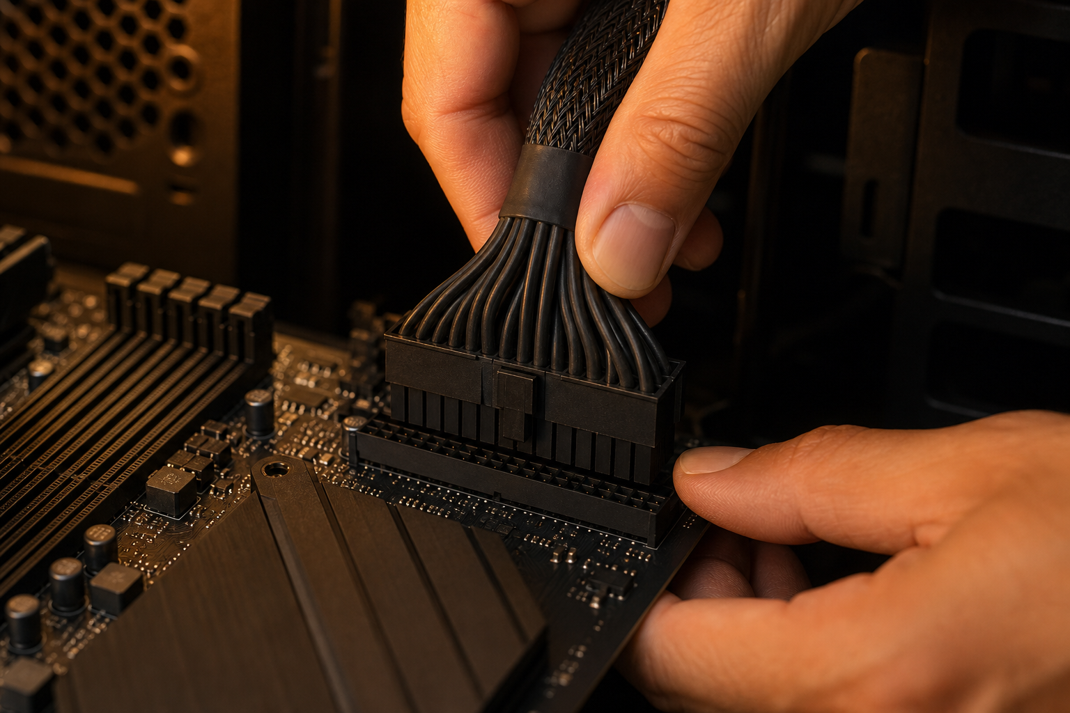 Mains branchant un connecteur 24 broches ATX sur une carte mère