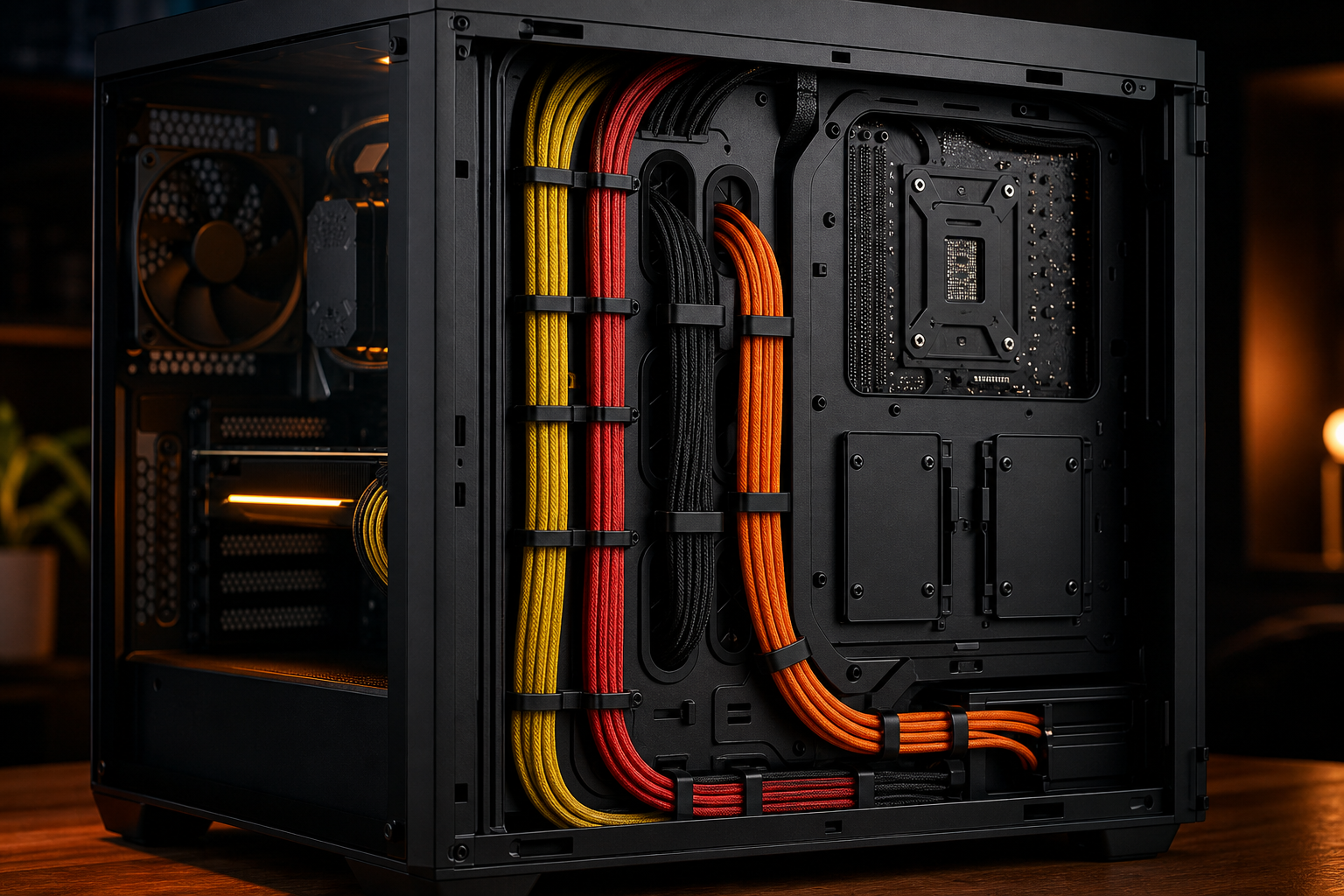 Intérieur de boîtier PC avec gestion de câbles soignée et connectique colorée