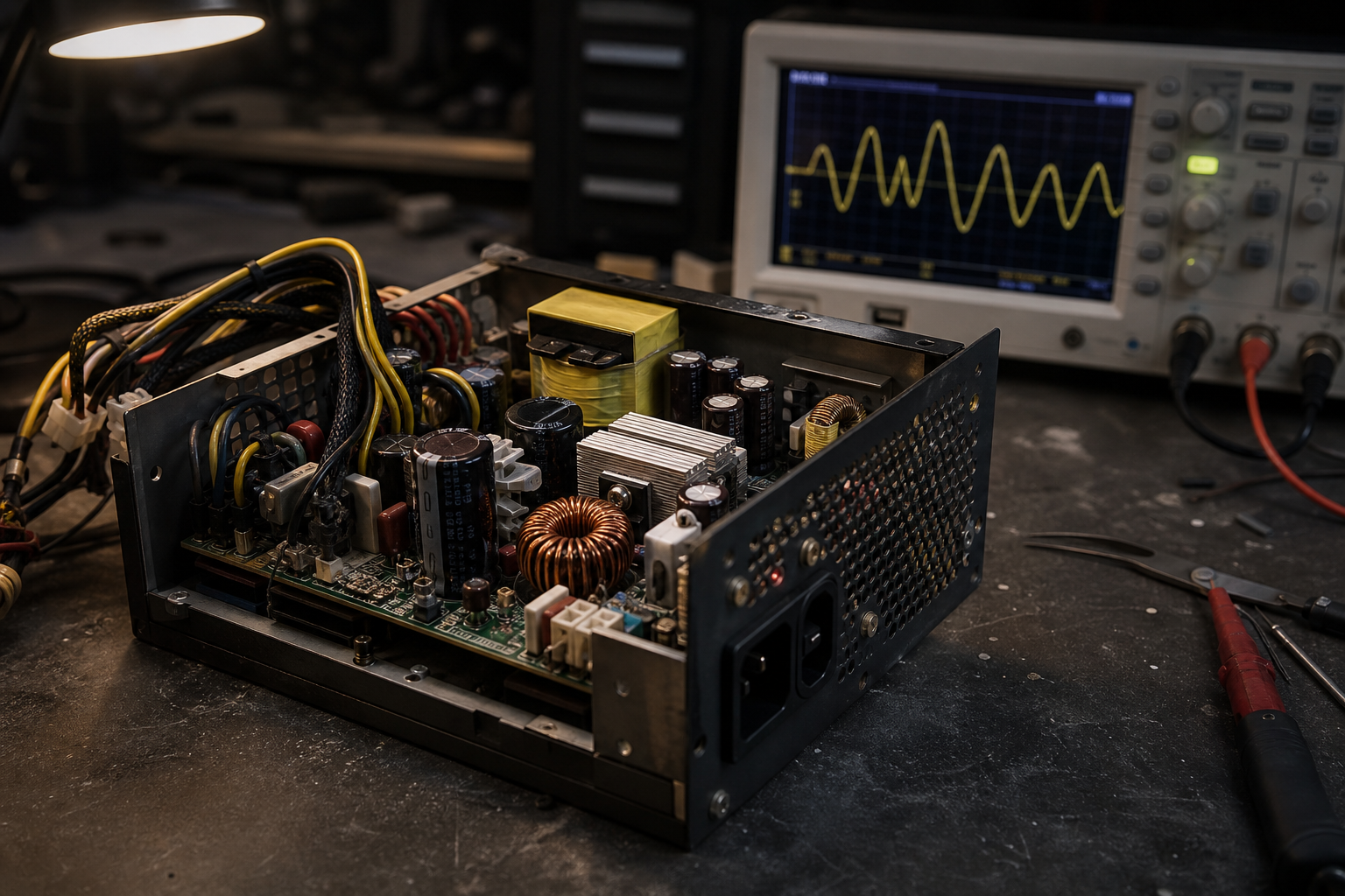 Alimentation PC ouverte en réparation avec oscilloscope affichant une onde en arrière-plan