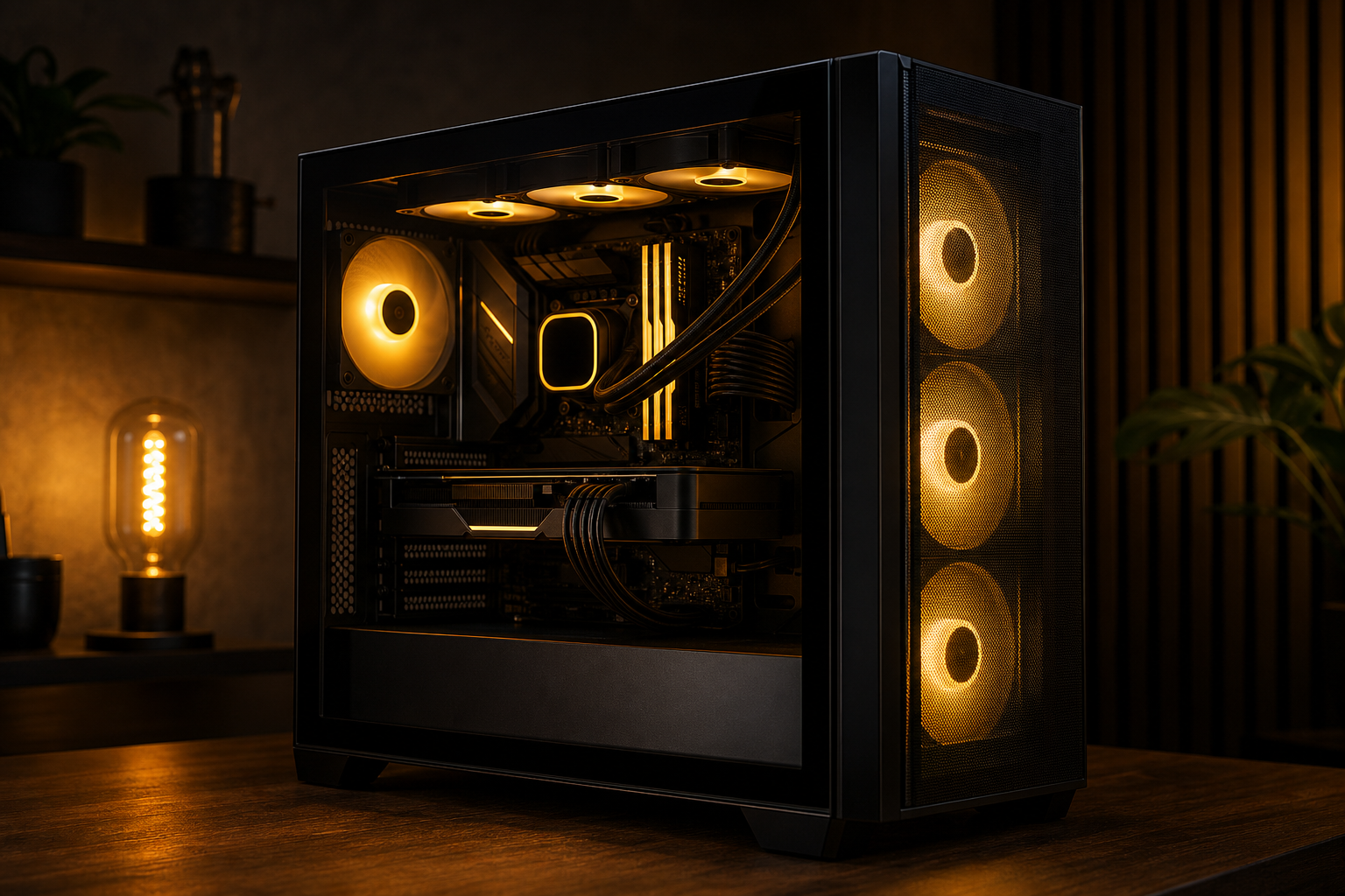 PC assemblé avec panneau vitré et ventilateurs RGB éclairés en jaune ambré