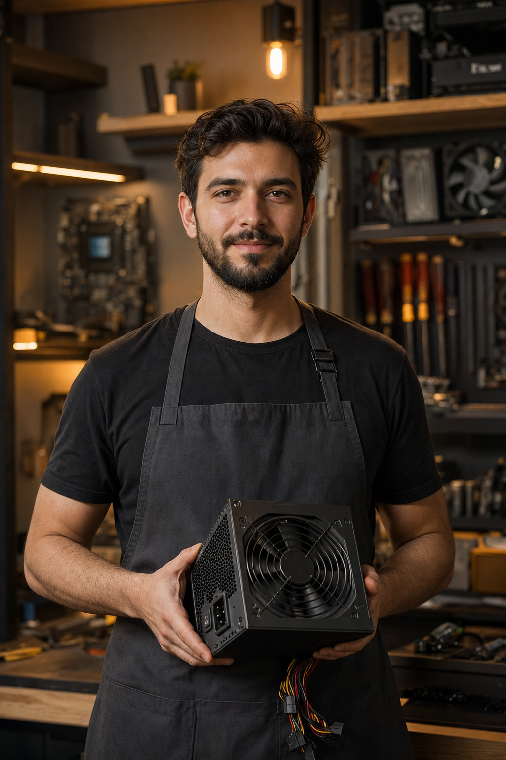 Quentin Barbier, technicien, tenant une alimentation PC dans son atelier à Carcassonne
